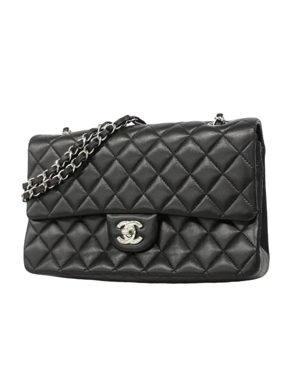 Chanel Shoulder Bag Quilted Lambskin Black Silver